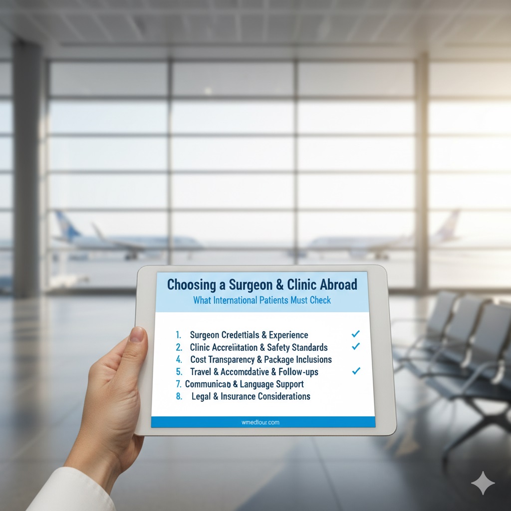 A hand holding a tablet displaying a checklist for international patients choosing a surgeon and clinic abroad, with an airport terminal background.