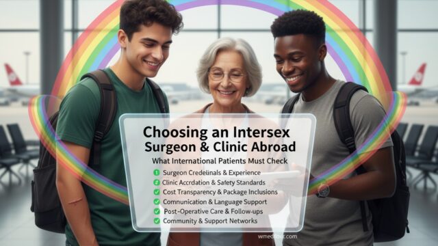 A diverse group of people, including a wise older woman and two younger men, collaboratively reviewing a checklist for intersex surgery abroad, encircled by a soft rainbow, in an airport setting.