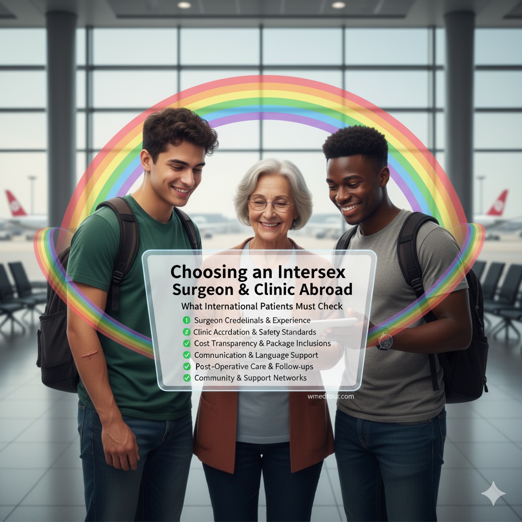 A diverse group of people, including a wise older woman and two younger men, collaboratively reviewing a checklist for intersex surgery abroad, encircled by a soft rainbow, in an airport setting.
