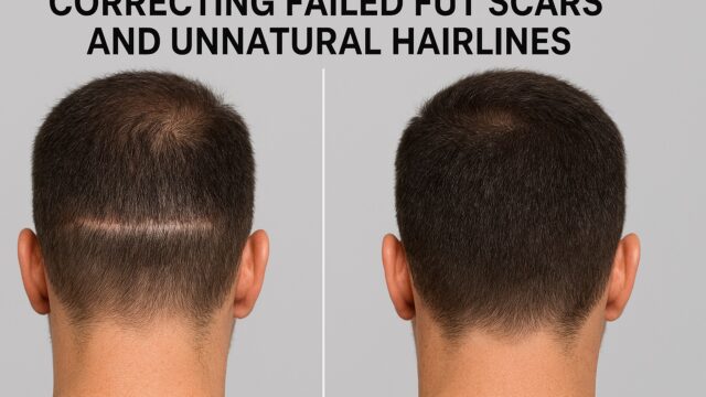 Before and after results of FUT scar correction and hairline restoration in a male patient