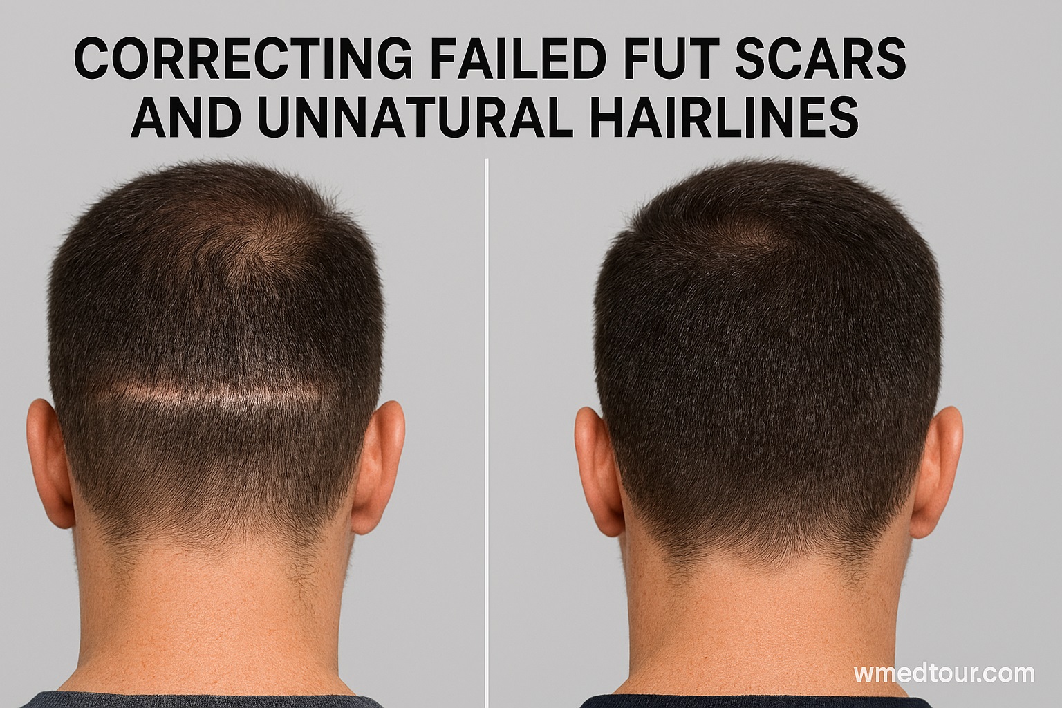 Before and after results of FUT scar correction and hairline restoration in a male patient