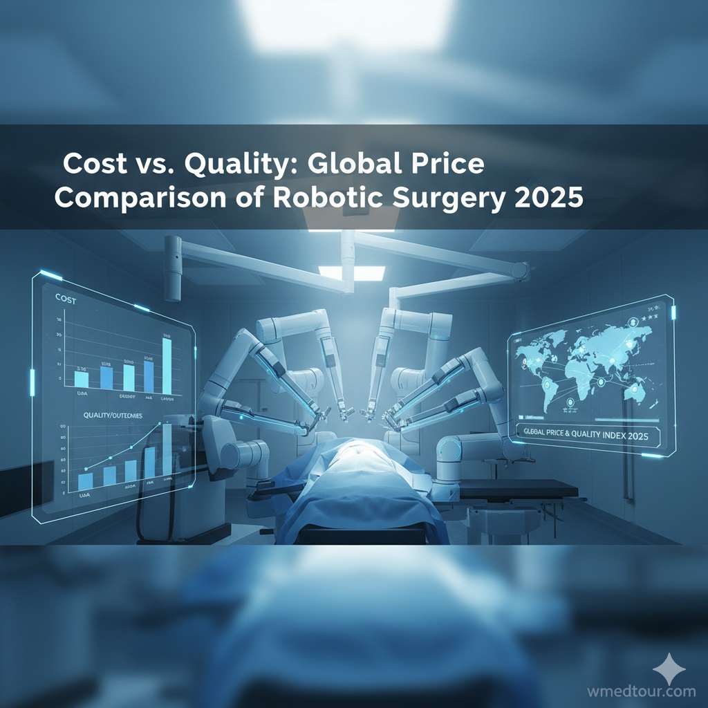 A futuristic operating room scene with robotic surgical arms performing a procedure, representing the intersection of cost and quality in global robotic surgery.