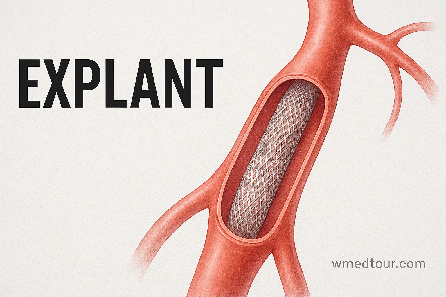 Detailed medical illustration of explant procedure inside blood vessel with wmedtour.com watermark