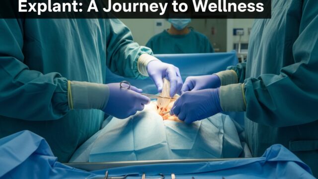 A surgeon in blue scrubs and gloves carefully removes a breast implant from a patient during an explant procedure, with various surgical instruments visible on the table. The image represents the process of explant surgery and a patient's journey to wellness.