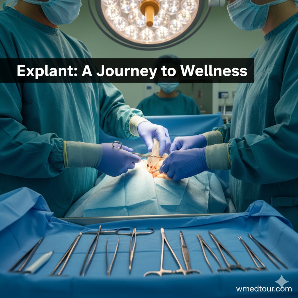 A surgeon in blue scrubs and gloves carefully removes a breast implant from a patient during an explant procedure, with various surgical instruments visible on the table. The image represents the process of explant surgery and a patient's journey to wellness.