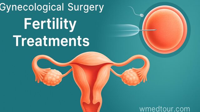 Medical illustration of female reproductive system and IVF fertilization scene