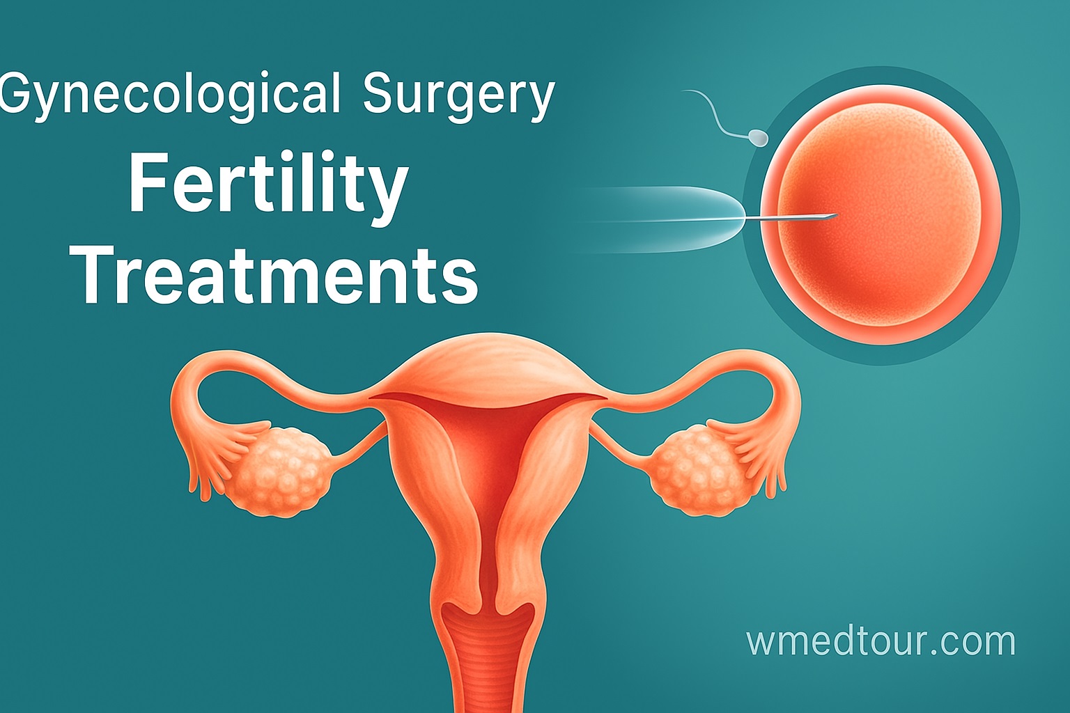 Medical illustration of female reproductive system and IVF fertilization scene