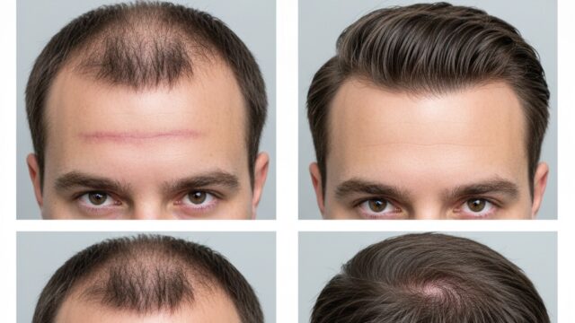 A man's head showing a "hair transplant gone wrong" with a visible linear scar and patchy growth (top-left, bottom-left), compared to a successful "revision" with natural, dense hair (top-right, bottom-right).