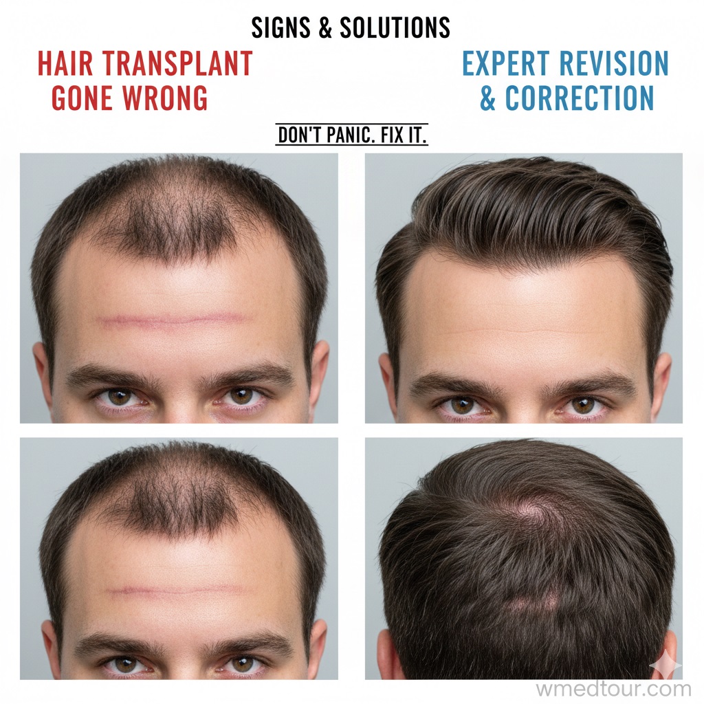 A man's head showing a "hair transplant gone wrong" with a visible linear scar and patchy growth (top-left, bottom-left), compared to a successful "revision" with natural, dense hair (top-right, bottom-right).
