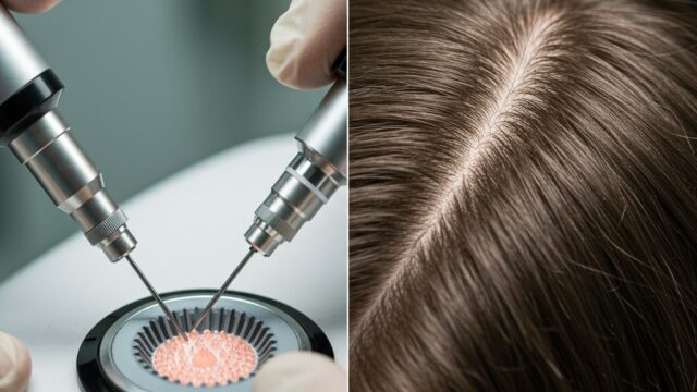 the precision micro-tools of FUE and DHI hair transplant procedures with the final result of dense, natural hair regrowth
