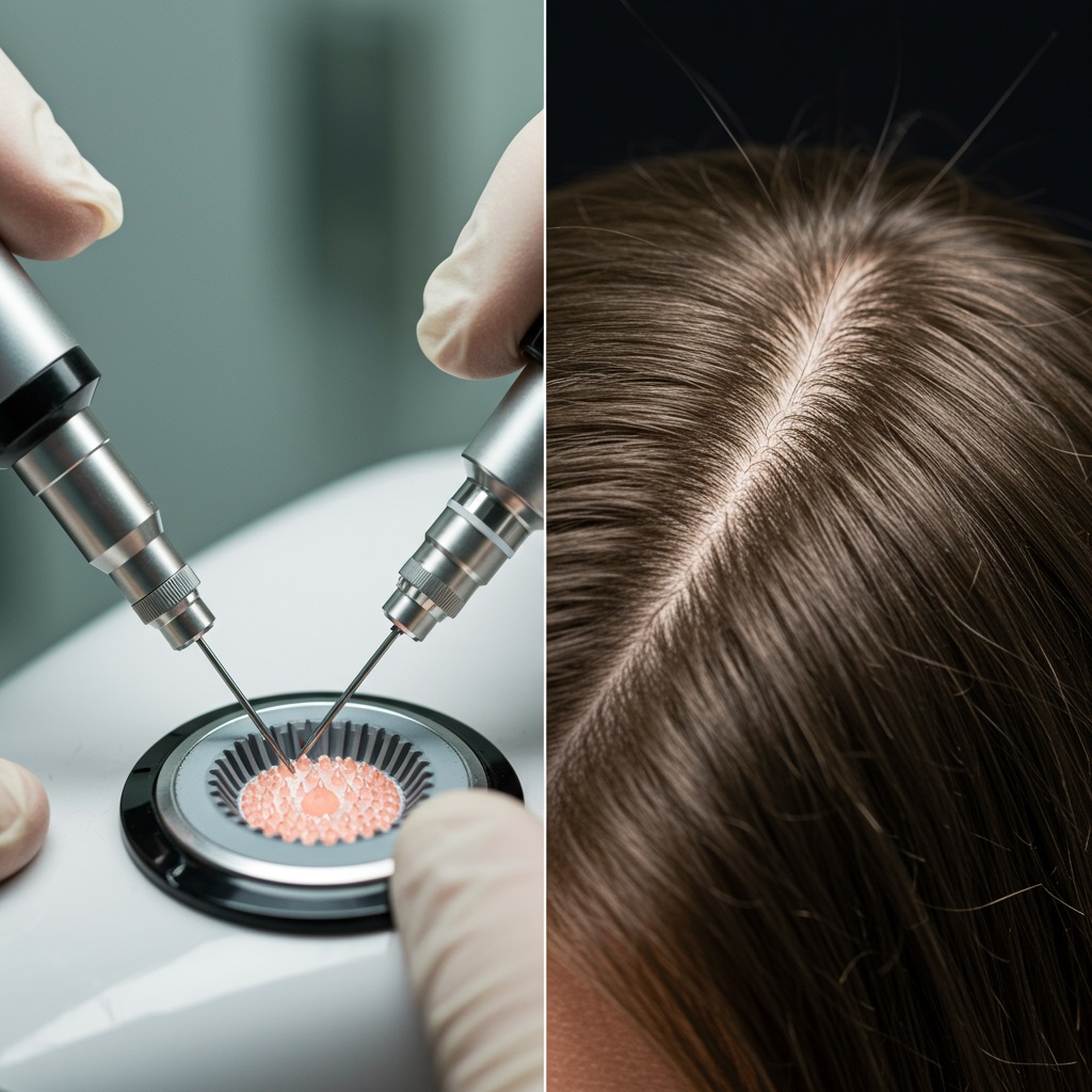 the precision micro-tools of FUE and DHI hair transplant procedures with the final result of dense, natural hair regrowth