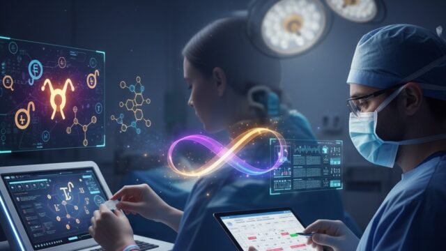 Two medical professionals (a surgeon and an endocrinologist) collaborating in a high-tech operating room setting, with holographic displays showing hormone structures (estrogen/testosterone) and patient data. A glowing infinity symbol represents long-term care, emphasizing the coordination of hormone therapy before and after surgery.