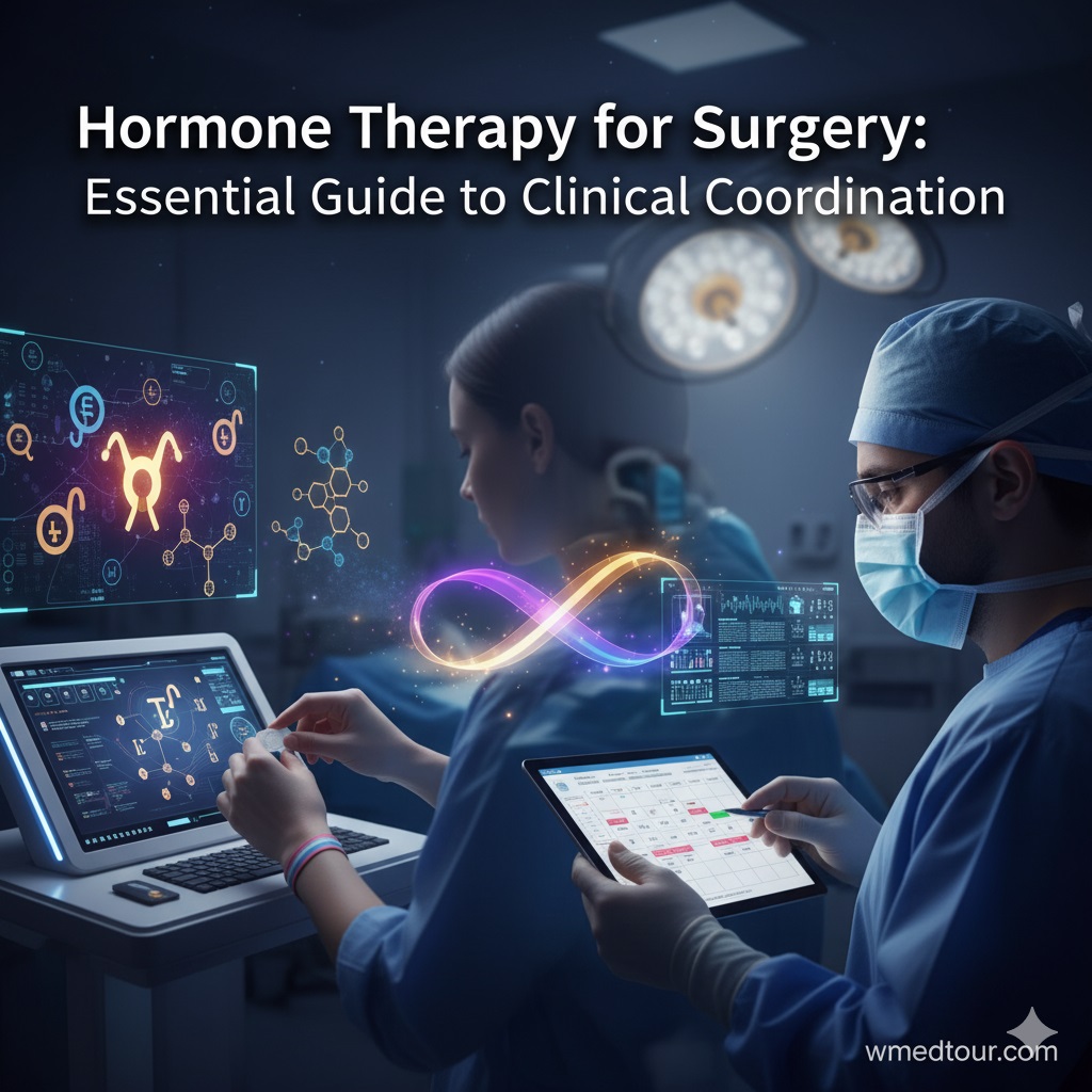 Two medical professionals (a surgeon and an endocrinologist) collaborating in a high-tech operating room setting, with holographic displays showing hormone structures (estrogen/testosterone) and patient data. A glowing infinity symbol represents long-term care, emphasizing the coordination of hormone therapy before and after surgery.