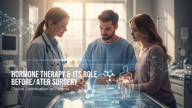 Doctor discussing hormone therapy with a male patient and female partner, illustrating pre and post-surgery coordination.