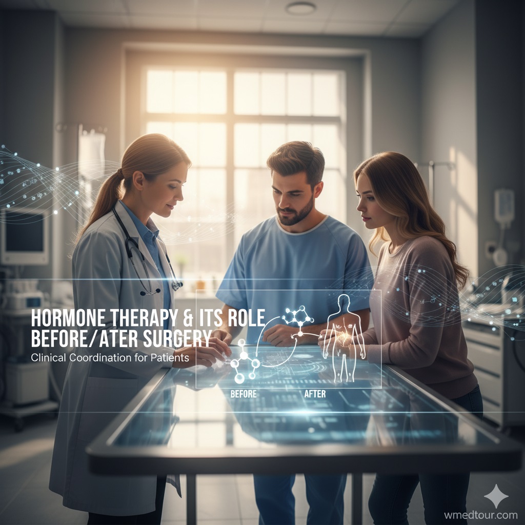 Doctor discussing hormone therapy with a male patient and female partner, illustrating pre and post-surgery coordination.