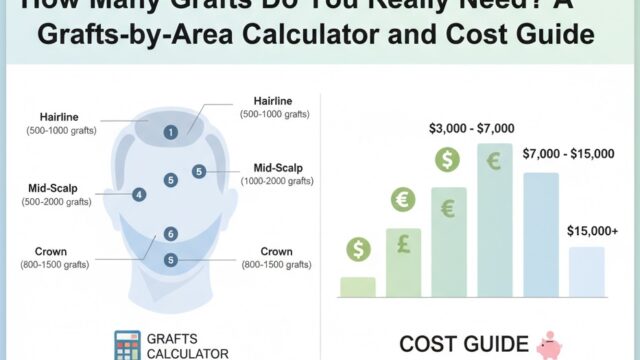 Illustration showing a head with different areas for hair grafts (hairline, mid-scalp, crown) with suggested graft counts for each, alongside a bar graph representing hair transplant cost ranges. "Grafts Calculator" and "Cost Guide" are prominently displayed.