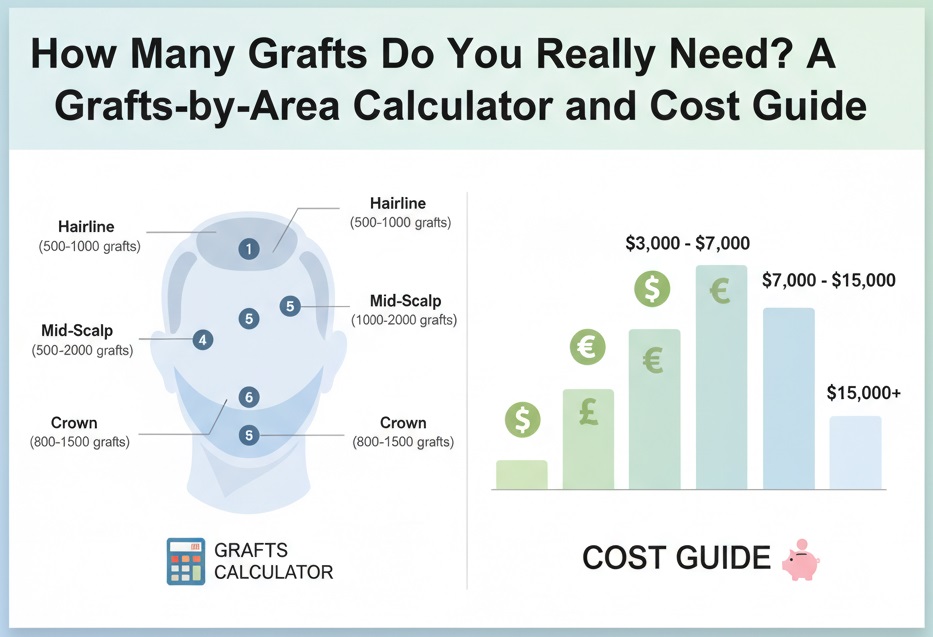 Illustration showing a head with different areas for hair grafts (hairline, mid-scalp, crown) with suggested graft counts for each, alongside a bar graph representing hair transplant cost ranges. "Grafts Calculator" and "Cost Guide" are prominently displayed.