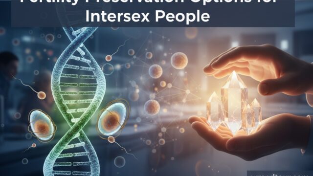 A medical professional discusses fertility preservation options with two individuals in a modern clinic setting, with a transparent overlay displaying "Fertility Preservation Options for Intersex People" and related icons.