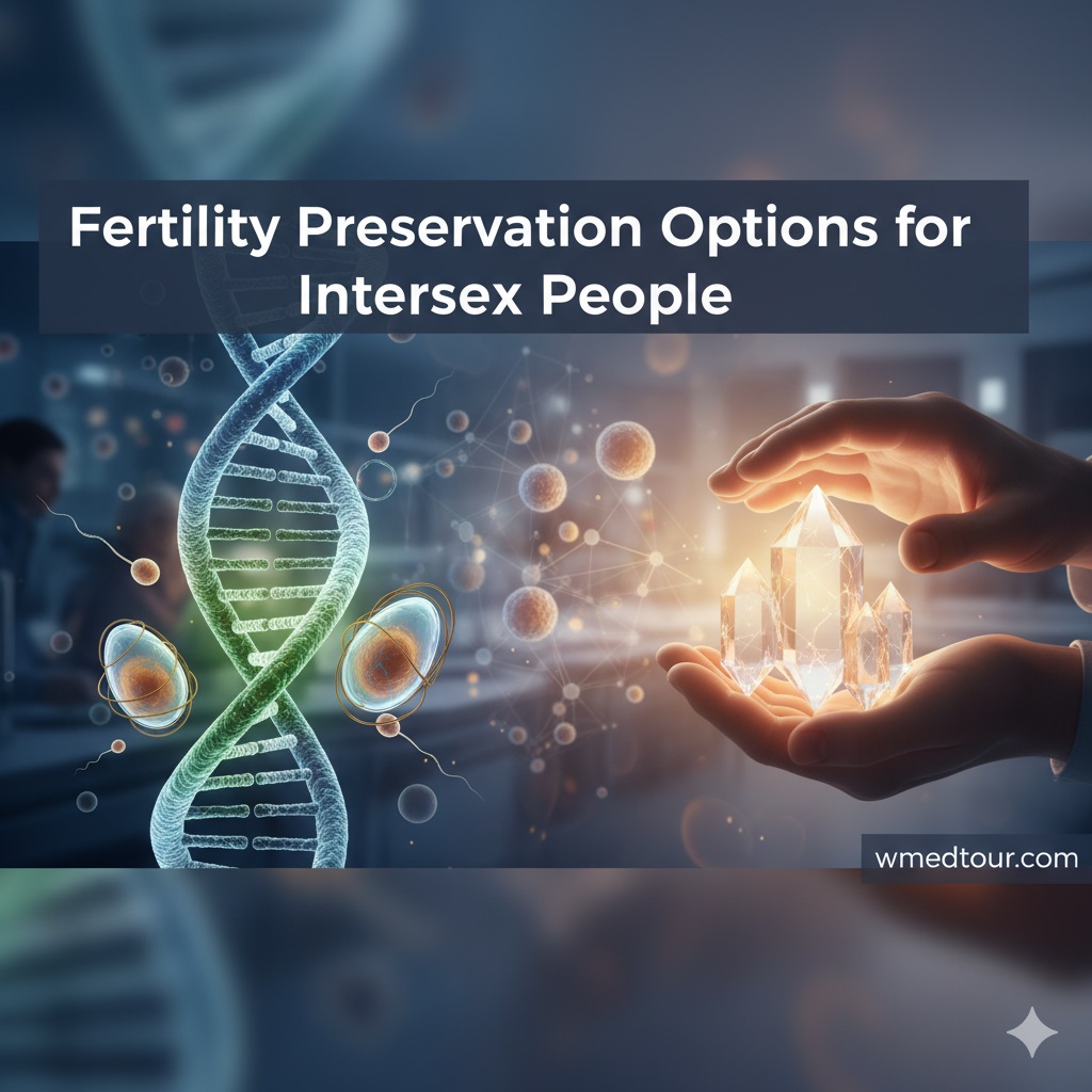 A medical professional discusses fertility preservation options with two individuals in a modern clinic setting, with a transparent overlay displaying "Fertility Preservation Options for Intersex People" and related icons.