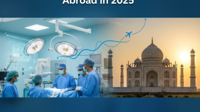 Split image showing cardiac surgeons operating on the left and the Taj Mahal at sunset on the right, connected by a plane's flight path, symbolizing medical tourism in India for 2025.