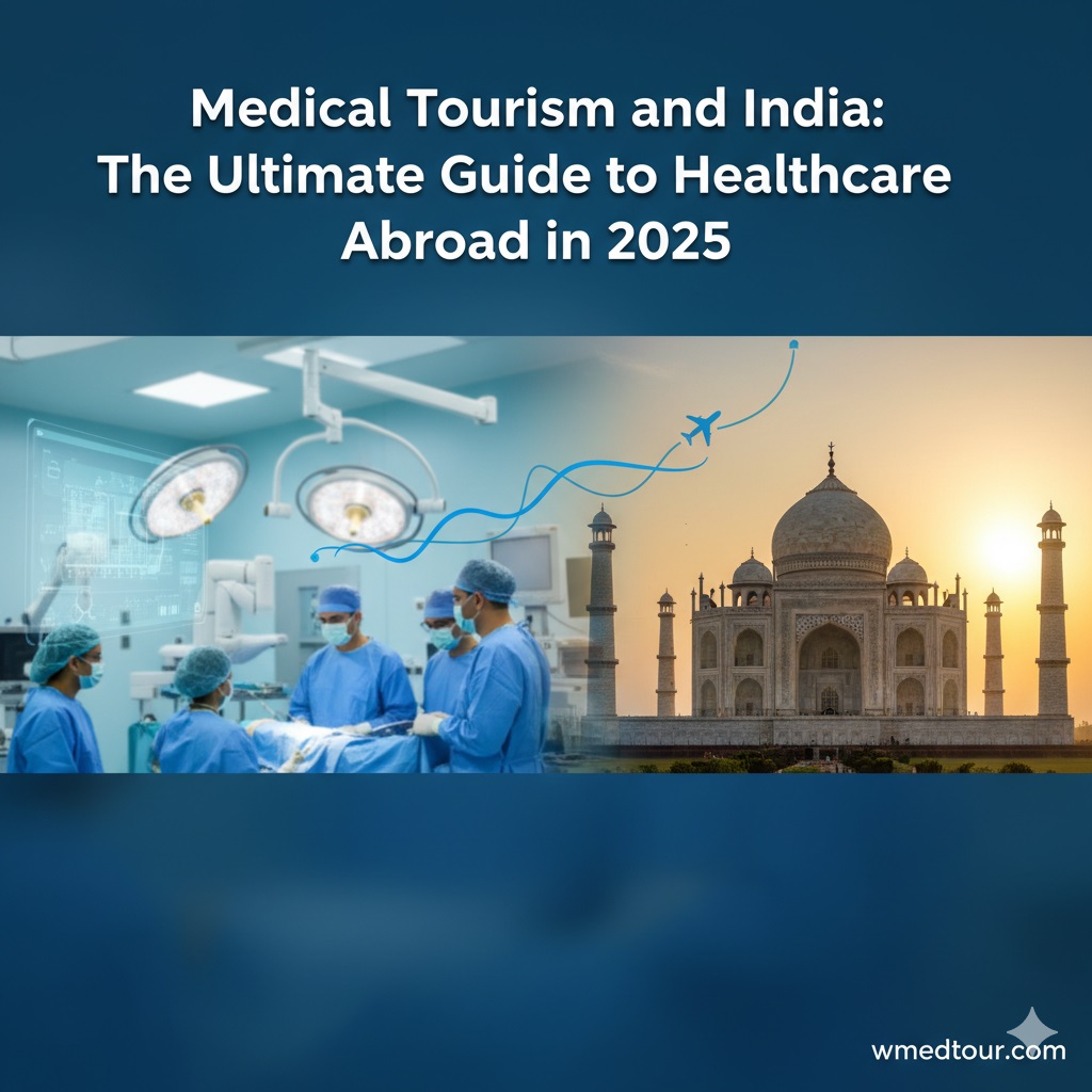 Split image showing cardiac surgeons operating on the left and the Taj Mahal at sunset on the right, connected by a plane's flight path, symbolizing medical tourism in India for 2025.