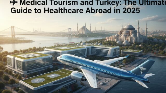 A modern airplane with a medical symbol flying over a futuristic hospital complex in Istanbul, Turkey, with the Hagia Sophia and Bosphorus Bridge in the background, representing global healthcare travel.
