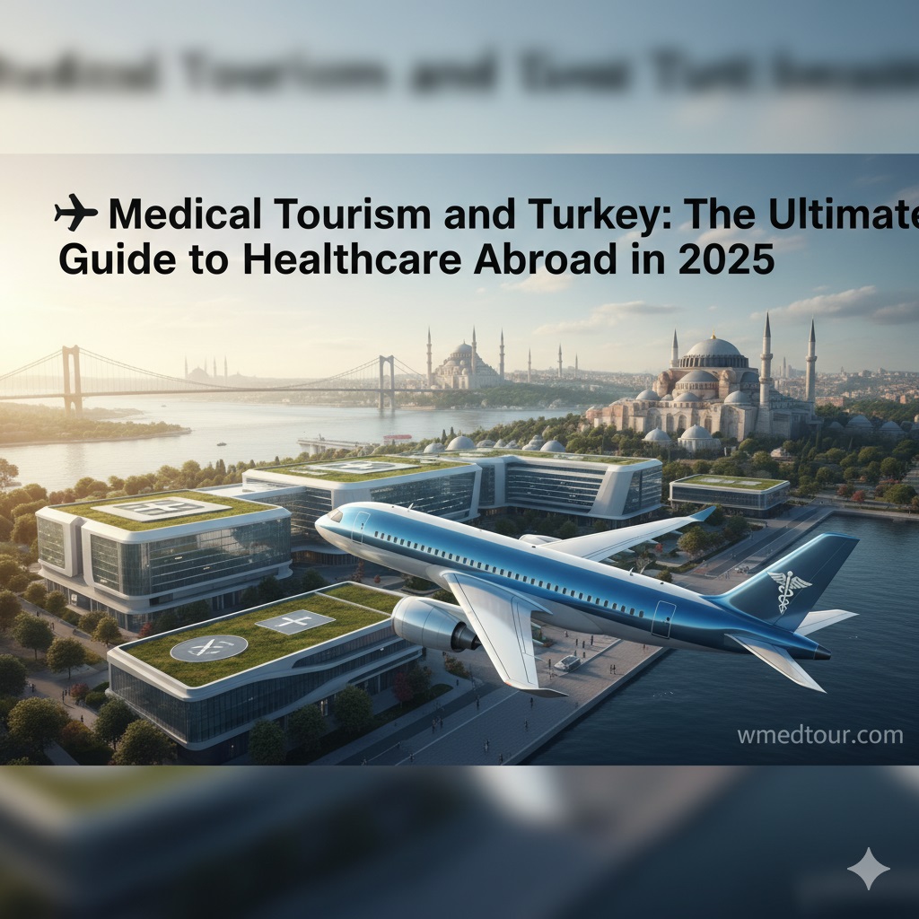 A modern airplane with a medical symbol flying over a futuristic hospital complex in Istanbul, Turkey, with the Hagia Sophia and Bosphorus Bridge in the background, representing global healthcare travel.