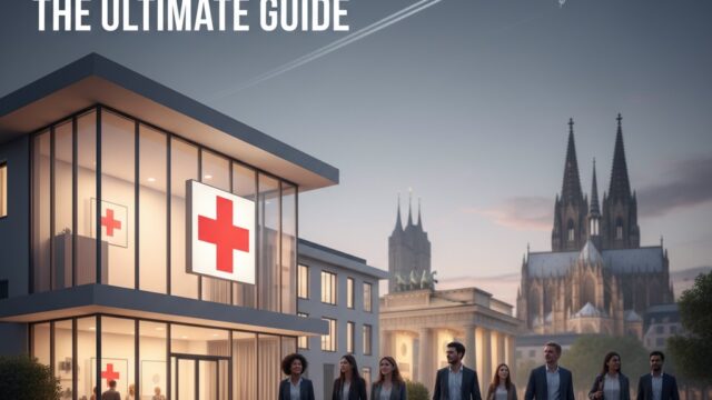 A modern hospital facade in Germany with a group of diverse medical tourists walking towards it, an airplane flying overhead with a medical caduceus trail, and iconic German landmarks in the background at dusk, titled "Medical Tourism Germany 2025: The Ultimate Guide" with "wmedtour.com" watermark.