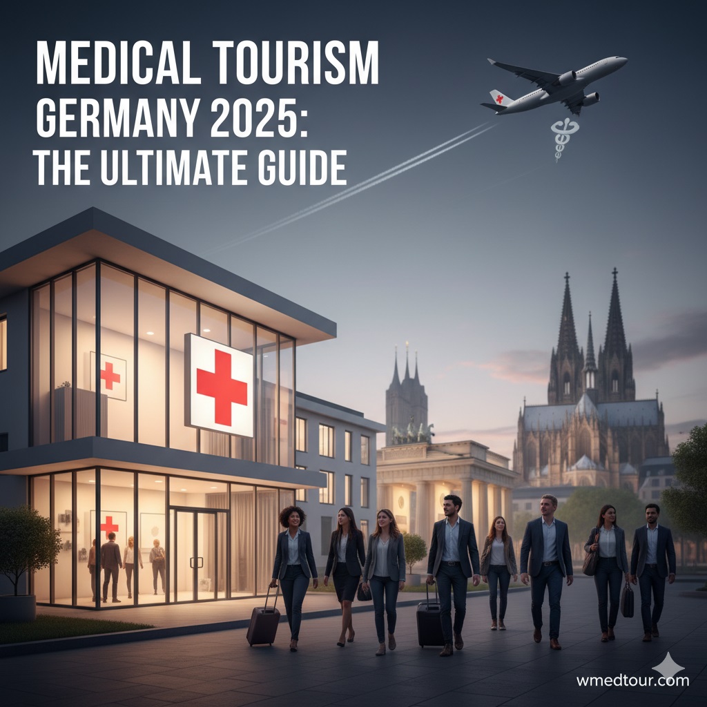 A modern hospital facade in Germany with a group of diverse medical tourists walking towards it, an airplane flying overhead with a medical caduceus trail, and iconic German landmarks in the background at dusk, titled "Medical Tourism Germany 2025: The Ultimate Guide" with "wmedtour.com" watermark.