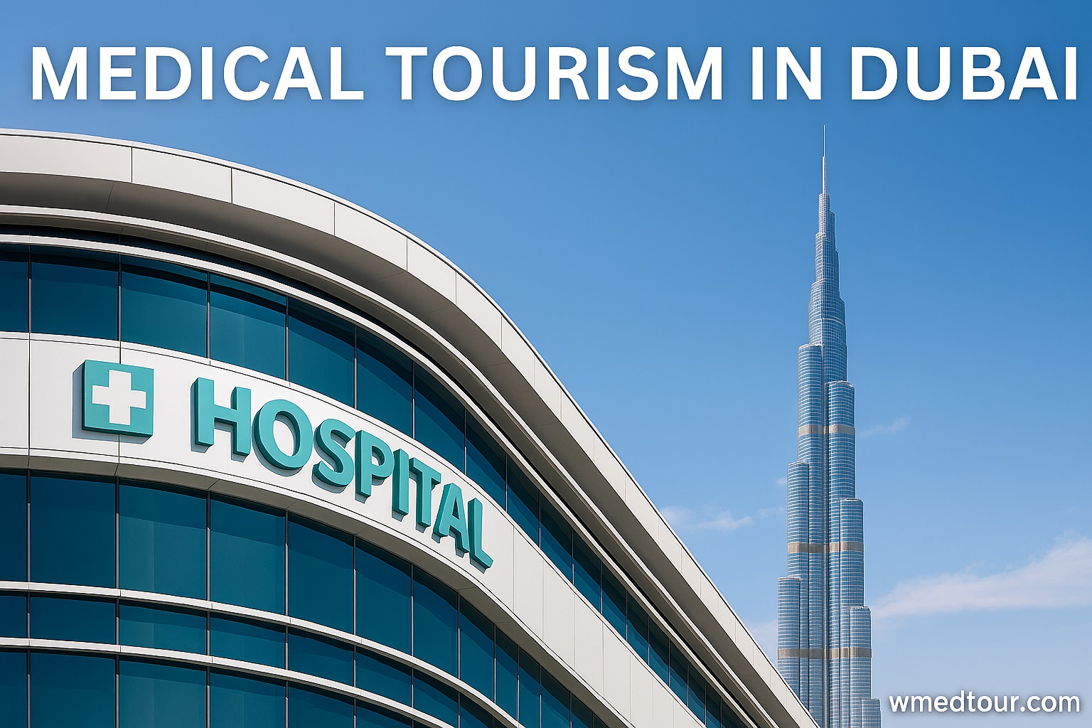 Modern hospital in Dubai with Burj Khalifa in background – Medical Tourism 2025