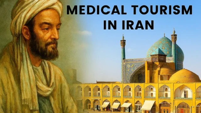 Portrait of Avicenna beside Shah Mosque in Isfahan promoting medical tourism