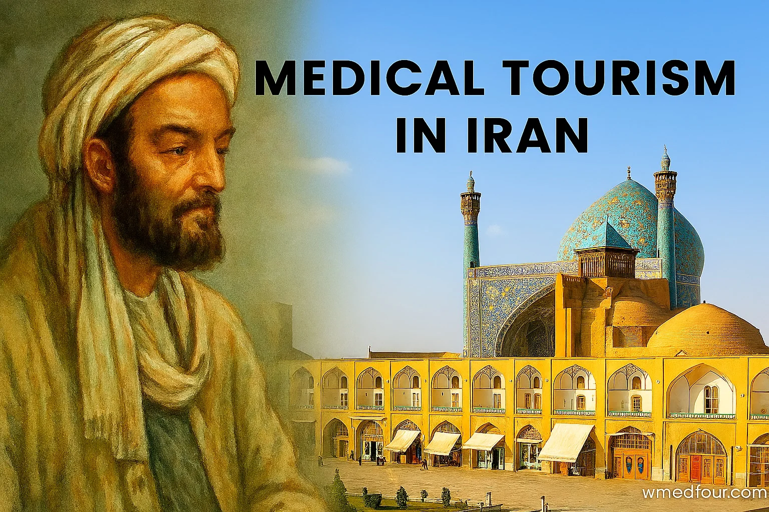 Portrait of Avicenna beside Shah Mosque in Isfahan promoting medical tourism