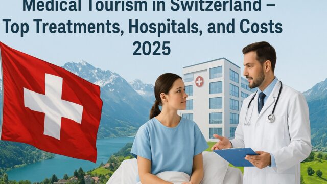 Doctor consulting a patient in a Swiss hospital with Alps and Swiss flag in the background – medical tourism in Switzerland 2025