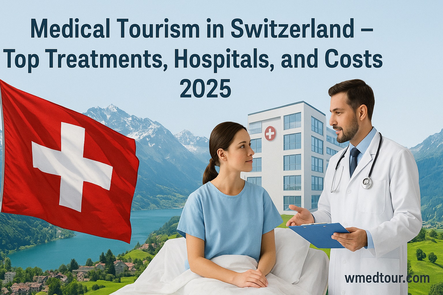 Doctor consulting a patient in a Swiss hospital with Alps and Swiss flag in the background – medical tourism in Switzerland 2025