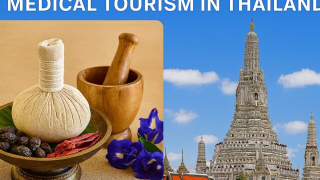 Thai herbal tray, mortar and pestle, and Wat Arun temple – Medical Tourism Thailand