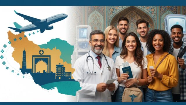 A vibrant image showcasing medical tourism in Iran, featuring a doctor, diverse patients with passports, a plane, and an abstract map of Iran with medical symbols, all hinting at affordable and quality healthcare.