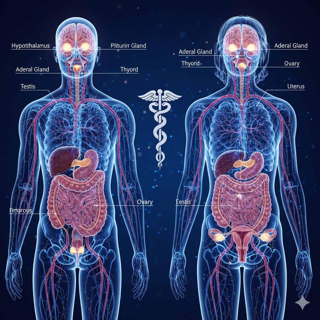 A medical illustration showing two semi-transparent human figures (male and female) side-by-side on a dark blue background. The endocrine glands and internal organs are highlighted in glowing colors, with labels pointing to the brain, throat, and abdominal regions. A white Caduceus symbol is positioned between the two figures.