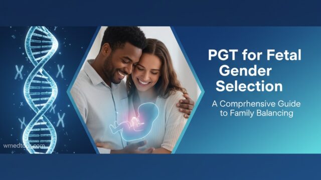 A couple smiling and embracing, with a glowing fetal outline and a DNA helix with X and Y chromosomes in the background, representing PGT for fetal gender selection.