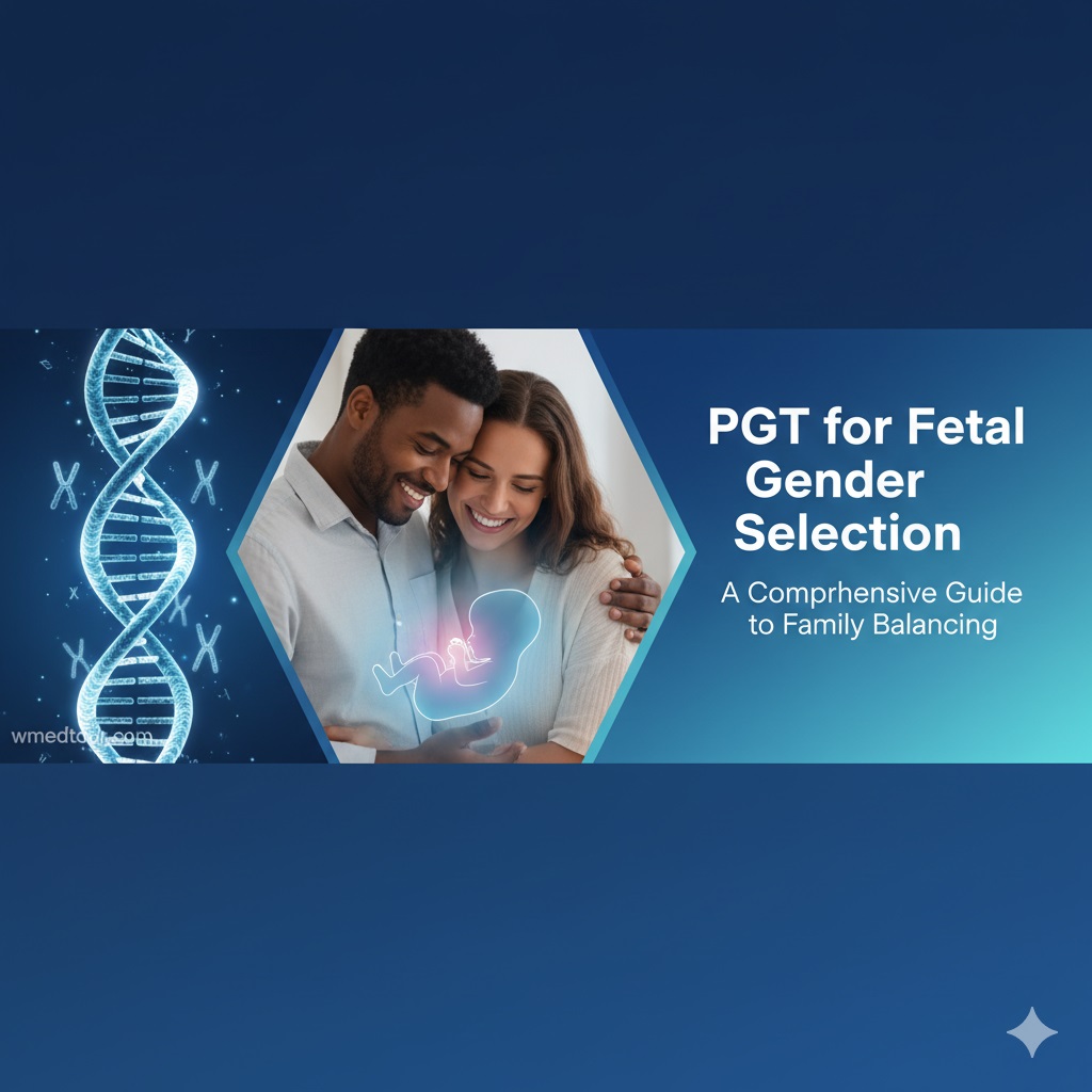 A couple smiling and embracing, with a glowing fetal outline and a DNA helix with X and Y chromosomes in the background, representing PGT for fetal gender selection.