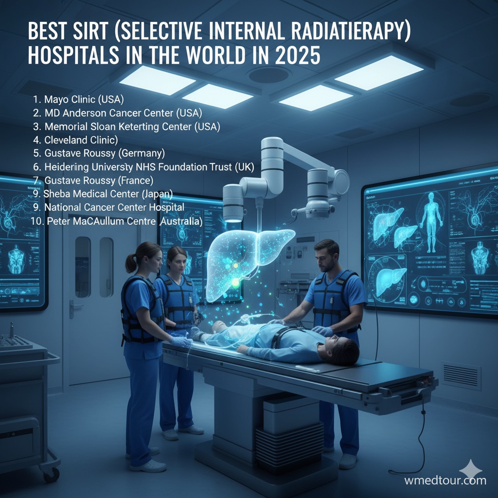 Medical image showing radioactive microspheres (Y-90) targeting a liver tumor during a SIRT procedure, highlighting selective internal radiation therapy for liver cancer. Watermark: wmedtour.com.