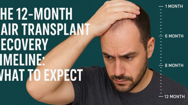 Man touching thinning hair with a 12-month recovery timeline overlay, illustrating hair transplant progress