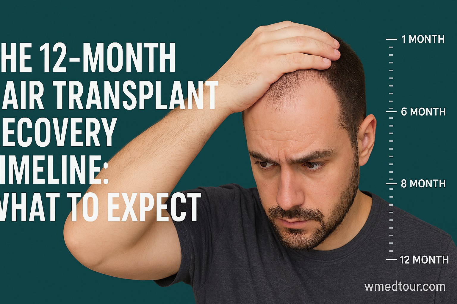 Man touching thinning hair with a 12-month recovery timeline overlay, illustrating hair transplant progress
