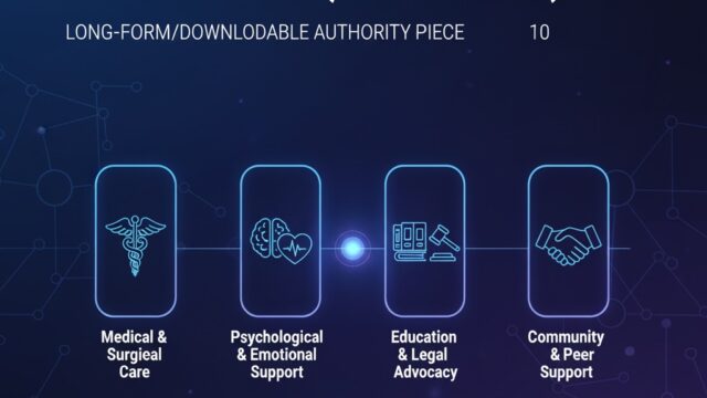 A featured image for a WordPress post titled "THE MULTIDISCIPLINARY INTERSEX CARE PATHWAY (PILLAR GUIDE)". Below the main title, "LONG-FORM/DOWNLOADABLE AUTHORITY PIECE" is written. The image visually represents four pillars of care: "Medical & Surgical Care" (with a Caduceus icon), "Psychological & Emotional Support" (with a brain and heart icon), "Education & Legal Advocacy" (with books and a gavel icon), and "Community & Peer Support" (with a handshake icon). The background is a dark blue with subtle network-like lines, and a "wmedtour.com" watermark is visible in the bottom right.