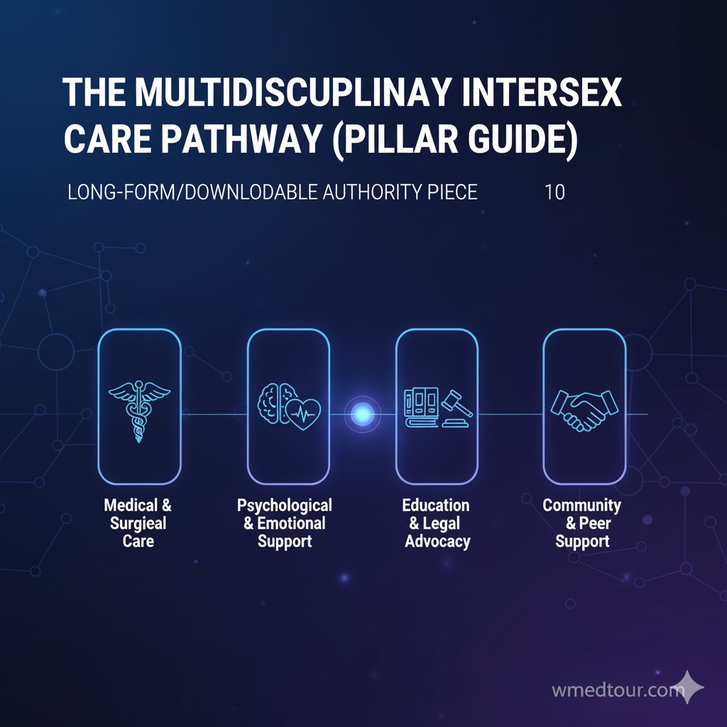 A featured image for a WordPress post titled "THE MULTIDISCIPLINARY INTERSEX CARE PATHWAY (PILLAR GUIDE)". Below the main title, "LONG-FORM/DOWNLOADABLE AUTHORITY PIECE" is written. The image visually represents four pillars of care: "Medical & Surgical Care" (with a Caduceus icon), "Psychological & Emotional Support" (with a brain and heart icon), "Education & Legal Advocacy" (with books and a gavel icon), and "Community & Peer Support" (with a handshake icon). The background is a dark blue with subtle network-like lines, and a "wmedtour.com" watermark is visible in the bottom right.