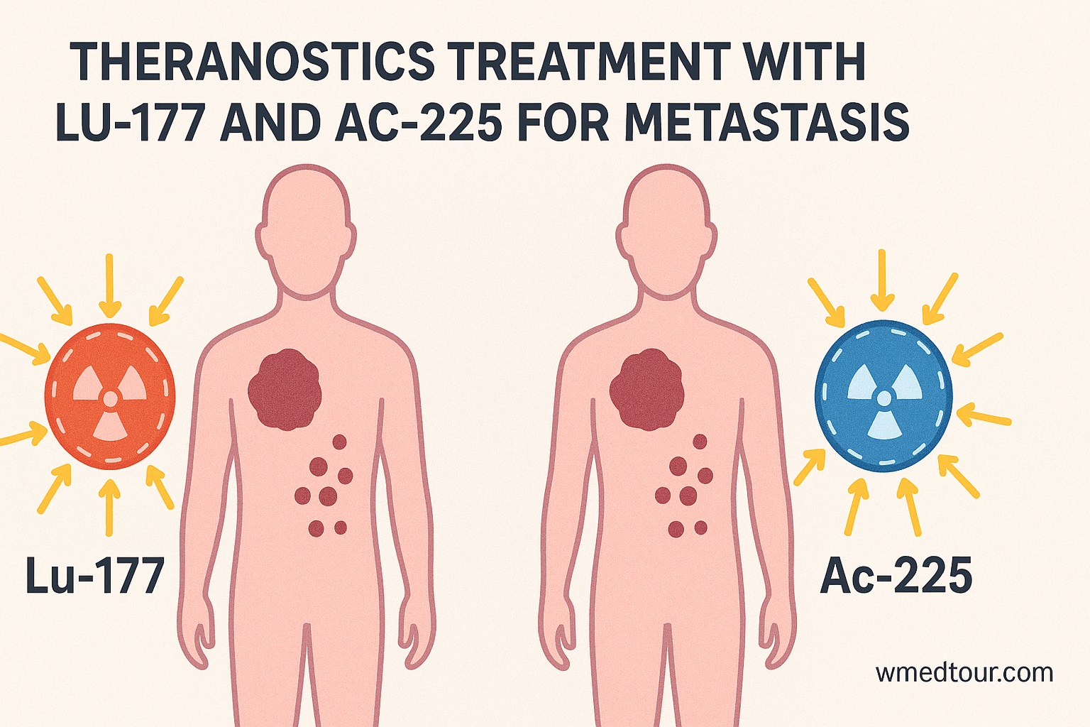 Medical illustration comparing Lu-177 and Ac-225 theranostic treatments for metastasis