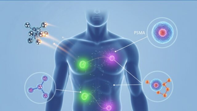 Illustration of theranostics treatment with Lu177 PSMA and PRRT targeting metastatic cancer cells in the human body, featuring a molecular structure and glowing targeted areas.