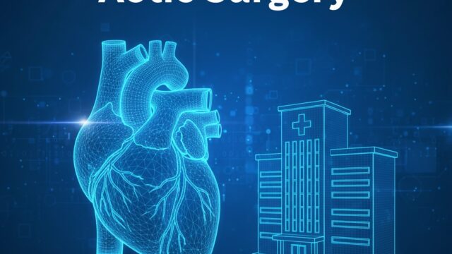 Top-ranked hospitals for aortic surgery, featuring a glowing heart and modern hospital building in a blue medical theme.