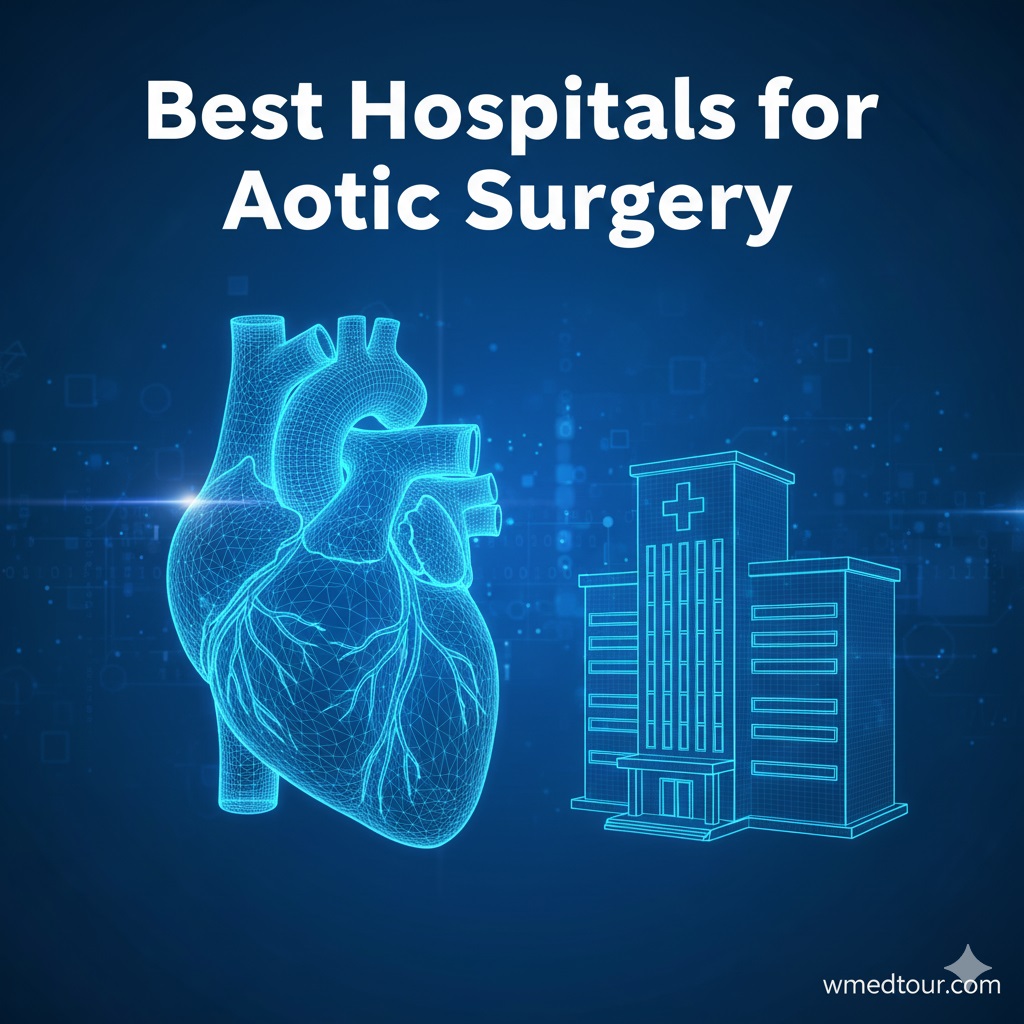 Top-ranked hospitals for aortic surgery, featuring a glowing heart and modern hospital building in a blue medical theme.