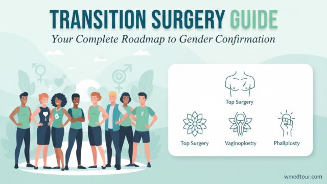 Infographic showing a Transition Surgery Guide with diverse transgender individuals and icons for Top Surgery, Vaginoplasty, and Phalloplasty, with the title "Your Complete Roadmap to Gender Confirmation."