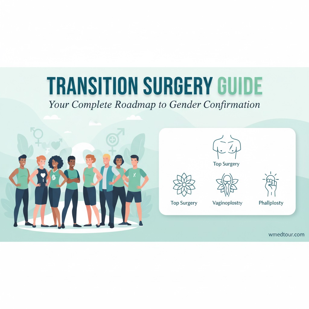 Infographic showing a Transition Surgery Guide with diverse transgender individuals and icons for Top Surgery, Vaginoplasty, and Phalloplasty, with the title "Your Complete Roadmap to Gender Confirmation."
